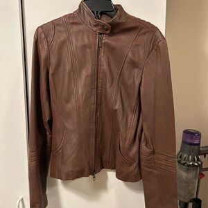 Bagatelle Brown Leather Jacket with Stand-Up Collar and Tailored Fit